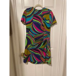 Vintage 60s 70s Mod Psychedelic Swirl Multicolored Dress Medium